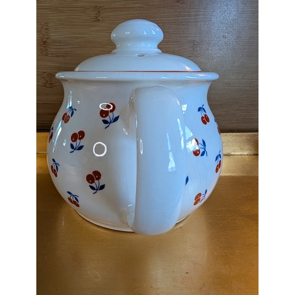 Sadler England Teapot Cherries Pattern Vintage White Ceramic Tea Pot Made in UK